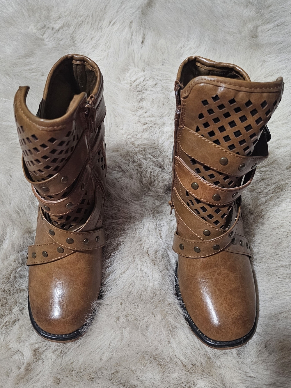 Pierre Dumas Brown Lattice Cutout Wrap-Strap Ankle Boots